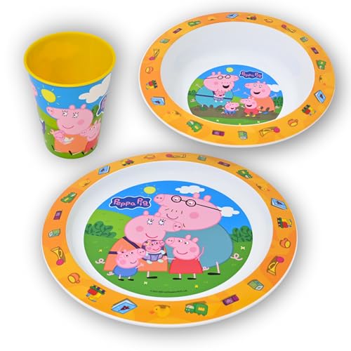 Stor Set de vaisselle enfant Peppa Pig – Vaisselle en plastique sans BPA et réutilisable – Assiette, bol et gobelet – Idéal pour petit-déjeuner, usage quotidien et camping