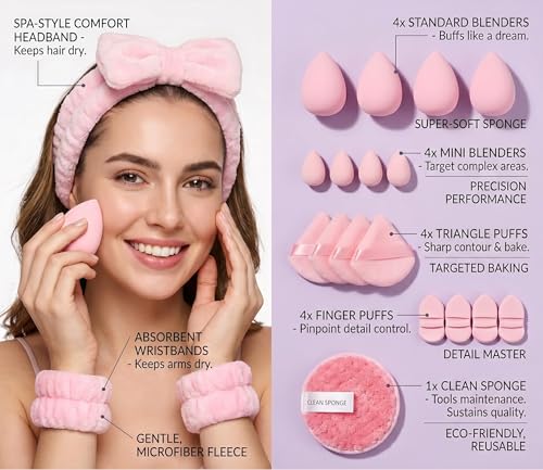 Image of 20pc Essential Makeup Sponge Kit Set - Soft-Touch Makeup Sponges for Cream & Liquid - Aesthetic Bow Spa Set & Wristbands - Under-Eye Precision Puffs & Blender Cleaner - Complete Beauty Organizer Kit for Girls & Women (Baby Pink Edition)