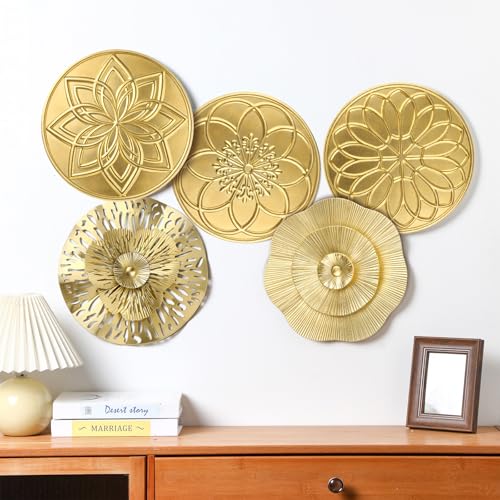 Otoolling 5 Pcs 12 Inch Gold Metal Wall Art Decor Hanging Metal Flower Plate Modern Accent Wall Decorations for Home Living Room Office - Image 5