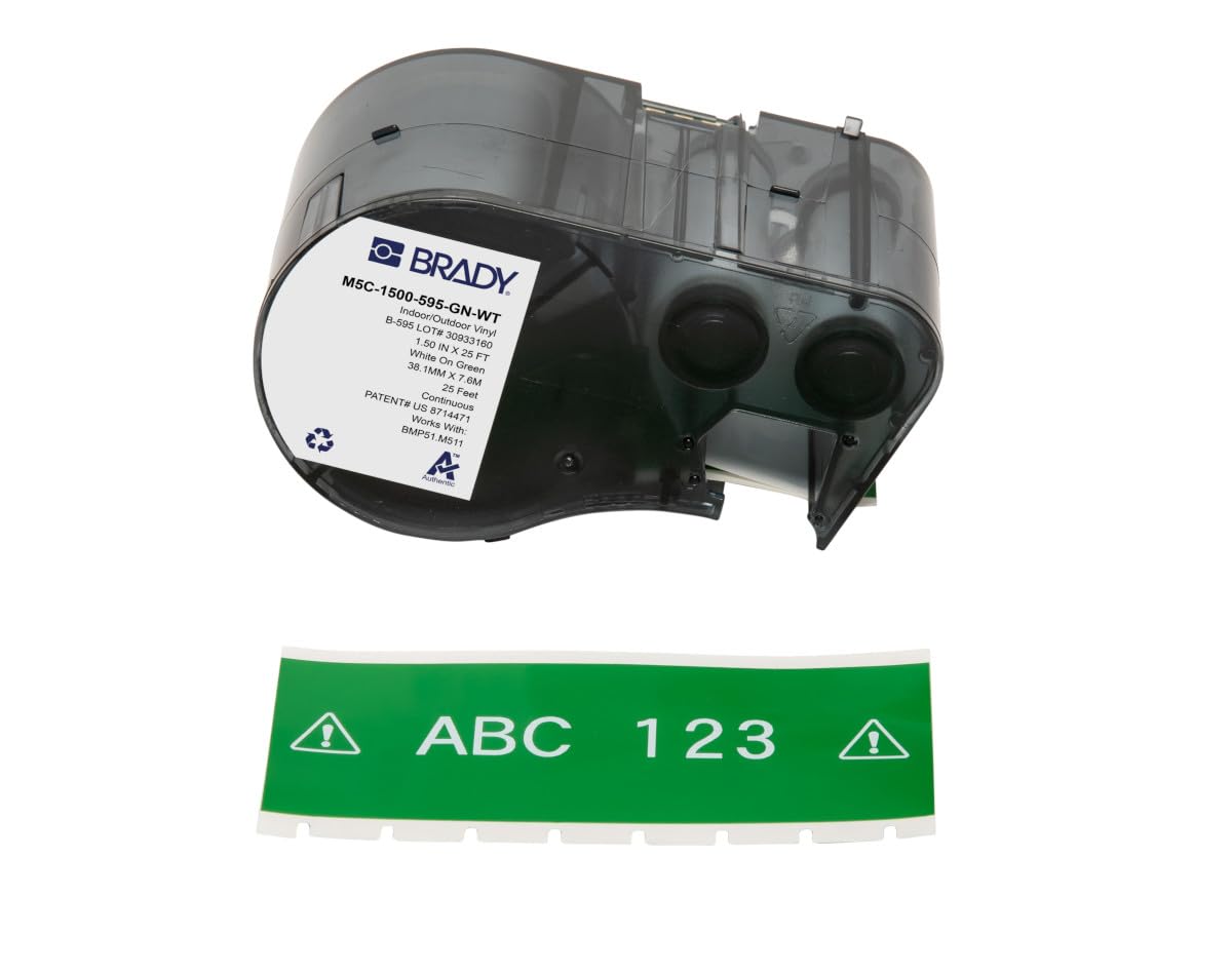 Brady Authentic (M5C-1500-595-GN-WT) All-Weather Permanent Adhesive Vinyl Labels 1.5 in W x 25ft White on Green. for use with BMP51, M510, and M511 Label Printers.