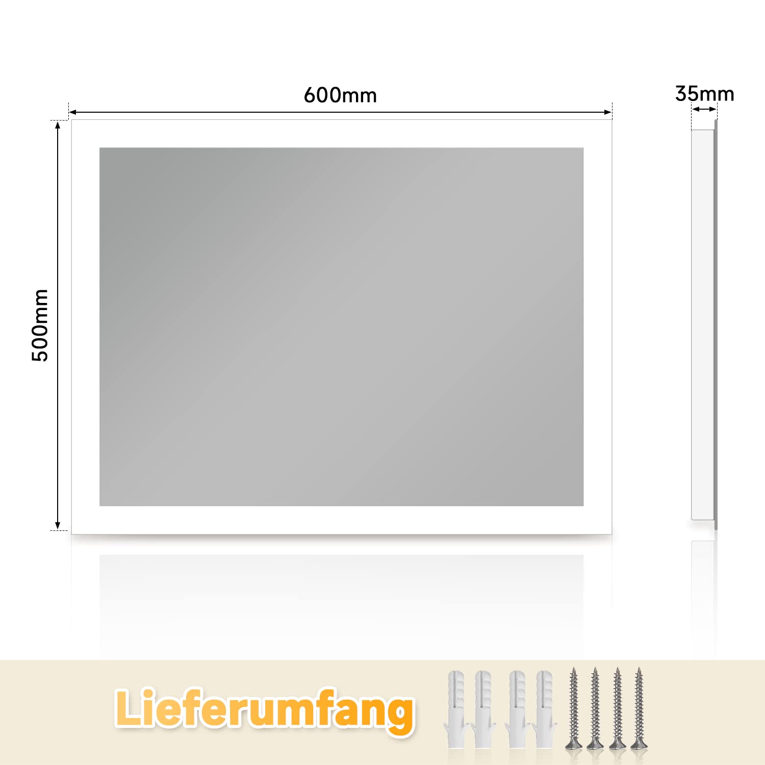 SONNI LED Badspiegel für Badezimmer 60x50 cm Kaltweiß vertikal & horizontal | HD Spiegel kupfer- & bleifrei mit staubdichter Rückwand. Nur über Wandschalter. Ideal für Renovierung & Gewerbeimmobilien