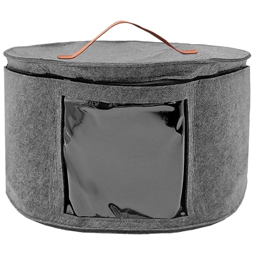 Boîte de rangement pliable ronde pour chapeaux - Avec couvercle et fermeture éclair - Avec poignée en cuir - Transparent - Pour armoire ou voyage - 42 x 26 cm - Gris