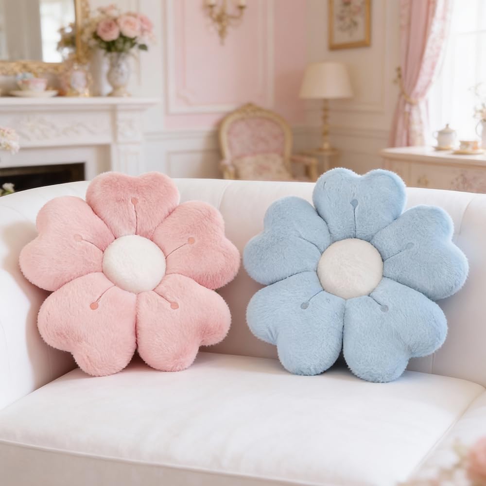 Wxeadu 2Pcs Flower Pillow, 35cm Flower Cushion, Aesthetic Daisy Pillow, Soft and Fluffy Flowe r-Shaped Floor Cushion, Cute Room Decor for Bedroom, Sofa, Couch (Pink+Blue) — image 1