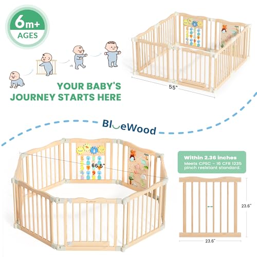 Image of Foldable Wooden Playpen - Adjustable Wood Baby Play Yard with Child-Proof Lock, Indoor Large Safety Fence for Babies and Toddlers - Easy Assembly, 55 x 55 x 24 inches, Dino Land, Natural