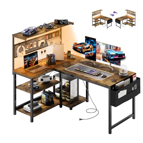 YOUDENOVA ゲーミングデスク L字デスク パソコンデスク 幅120cm ペグボード付き LEDライト 電源コンセント/USBポート付き 左右入れ替え可能 収納ラック/サイドポケット付き PCデスク オフィスデスク ワークデスク 勉強机 在宅勤務 省スペース 組立簡単 ビンテージ