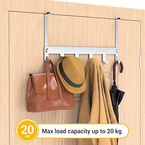 Luxear Perchero Puerta Baño sin Taladrar, Colgador Puerta Ajustable de Acero Inoxidable con 6 Ganchos, MAX 20KG, Percha Puerta para Dormitorio Baño Cocina, Puerta 1-5 cm