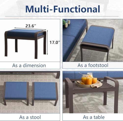 Image of Aluminum Patio Furniture Set with Fire Pit Table, 7 Seats Outdoor Patio Conversation Sets with Ottomans, Modern Metal Patio Sectional Sofa with Upgrade Cushions for Patio, Backyard, Deck - Blue