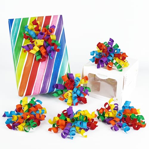 HUIHUANG Rainbow Bows for Gift Wrapping Birthday Curly Ribbon Bows Self Adhesive Burst Gift Bow for Presents Wine Bottle Treat Bags Birthday Holiday Party Favors - 6 Counts