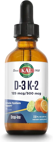KAL D3 K2 DropIns 125 mcg / 500 mcg Liquid Vitamin D3 K2 Drops, Bone Health, Heart Health and Immune Support Supplement, Natural Citrus Flavor, 60-Day Money Back Guarantee, Approx. 59 Serv, 2 FL OZ