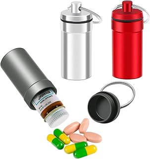 EFFIET 3-Pack Waterproof Aluminum Pill Holder Keychain - Nitro Nitroglycerin Bottle Case for Emergency Meds, Earplugs (Silver-Matt-Red)