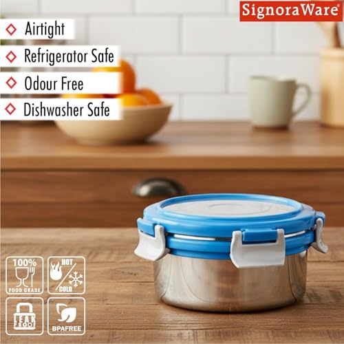 Image of Signoraware Lock N Store Stainless Steel Round Container With Steel Lid | Airtight & Leakproof | Compact & Durable | Ideal for Snacks, Office, School & Travel Use (350ml | TBlue)
