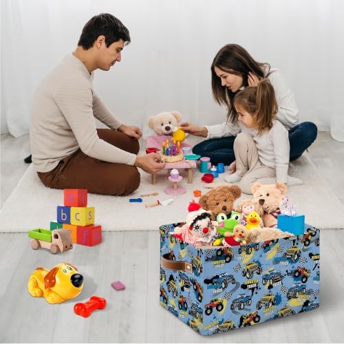 Monster Truck Storage Basket for Boys, Collapsible Rectangular Organizer Bin for Toys Clothes Books, Monster Truck Flag Kid Room Decor, Christmas Birthday Gift, Blue — 사진 2