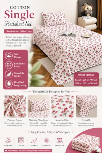 Image of IVAZA 220 TC Soft Ezyption Cotton Floral Single Bed Sheet - Single bedsheet with 1 Pillow Cover Hypoallergenic, Brethable, (Size- 90 x 60 Inch Red White