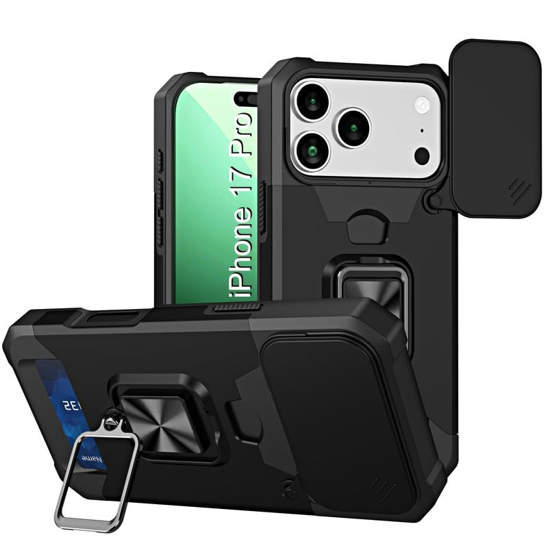 Image of LuxuryKase Shockproof Armor Case for iPhone 17 Pro | Slide Camera Cover | Hidden Card Slot | Rotating Ring Kickstand | Magnetic Car Mount Support | Military Grade Protection - Black