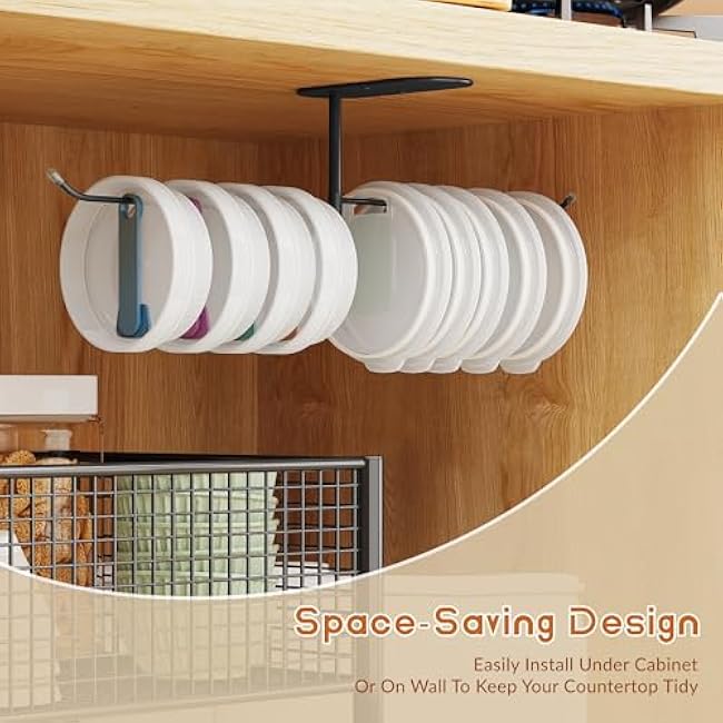 NiHome Rotating Tumbler Lid Organizer with Space-Saving Hooks for Yeti, Stanley, Simple Modern, Self-Adhesive or Drill Installation Kitchen Storage, Durable Metal with Rust-Resistant Coating (Black)