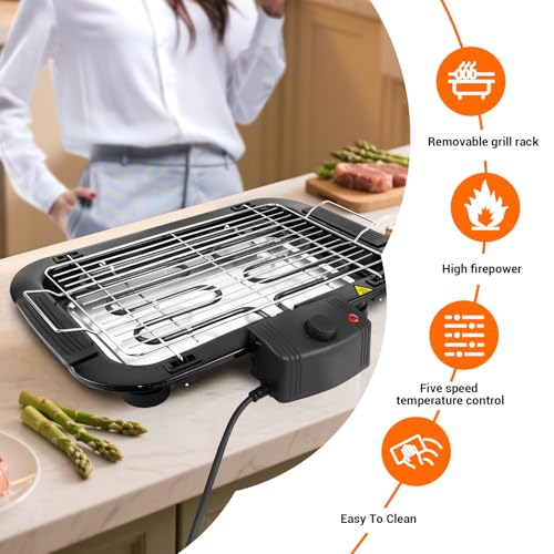 1500W Electric BBQ Grill Indoor/Outdoor with Stand, Smokeless, Non-Stick, 5-Level Temperature Control, Compact Tabletop Electric Barbecue Grill with Removable Drip Tray for 2 to 4 People BBQ Party - Image 2