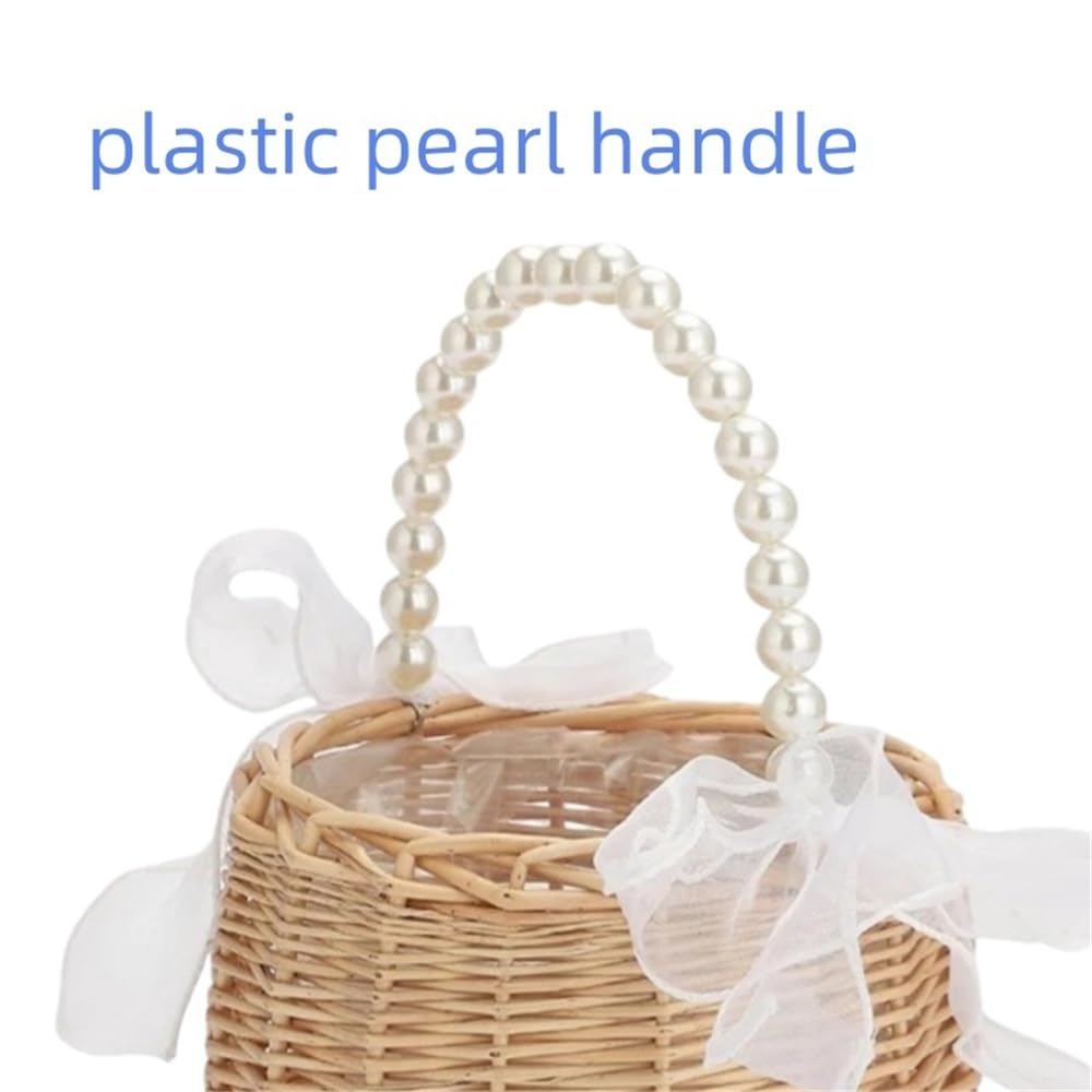 1 Stück brauner Weiden-Rattan-Blumenkorb, handgewebter Hochzeits-Weidenkorb mit Perlengriff und Schleife