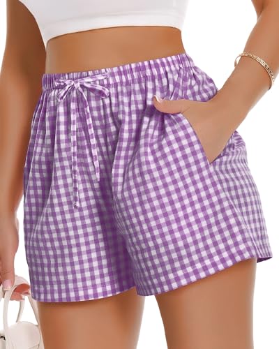 Image of Women Boxer Shorts Gingham Drawstring Pajama Bottom Plaid Pants with Pocket