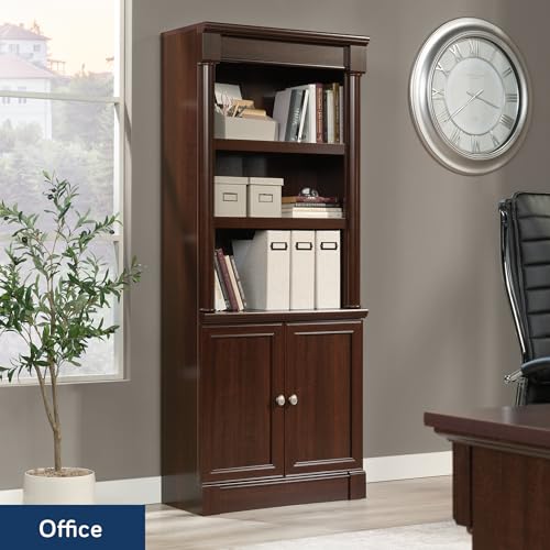 Image of Sauder Palladia Book Shelf, Bookshelf with Storage, Library Bookcase with Doors and Adjustable Shelves, in Select Cherry finish