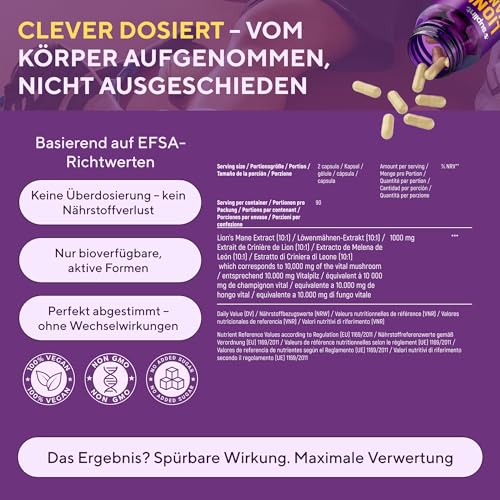 Lions Mane Kapseln 10000 mg – 10:1 Löwenmähne Pilz Extrakt (Hericium Erinaceus) – Ohne Gentechnik & Natürlich (180 kapseln)