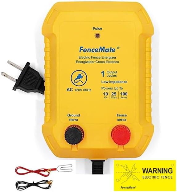 AC Powered Electric Fence Charger Output 1J up to 25 Miles to Contain Livestock, Poultry, Low Impedance Fencer to Protect Homestead, Garden, Pond, Orchard,Fence Energizer Peak 10 kV