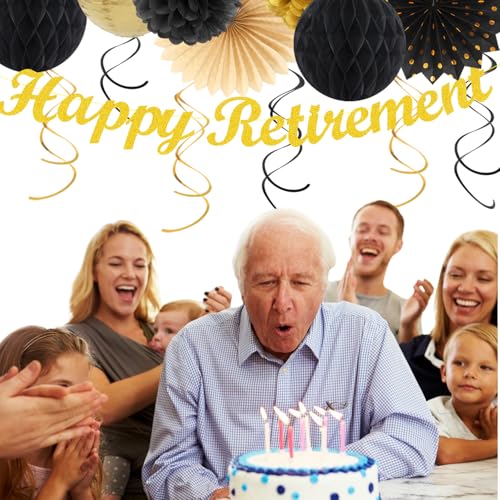Image of Black Gold Happy Retirement Party Decorations Banner Women Men Huglony | 21pcs Retiree Farewell Banner,Streamers,Paper Lanterns,Pom Poms Fans,Work Teacher Retirement Supplies Backdrop