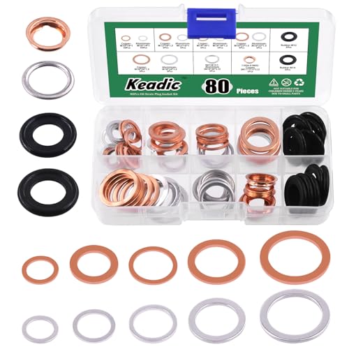 Keadic Juego de arandelas para tornillos de drenaje de aceite, 80 unidades, 14 tamaños, reemplazan N0138157, 11026-01M02 aceite Crush arandelas Kit para automóviles