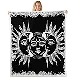 Erosebridal Sun and Moon Blanket Throw,Boho Exotic Style Fleece Blanket 50'x60' for Kids Adults,Black and White Mandala Blankets and Throws,Bohemian Floral Vintage Decor for Bed Couch Bedroom Home