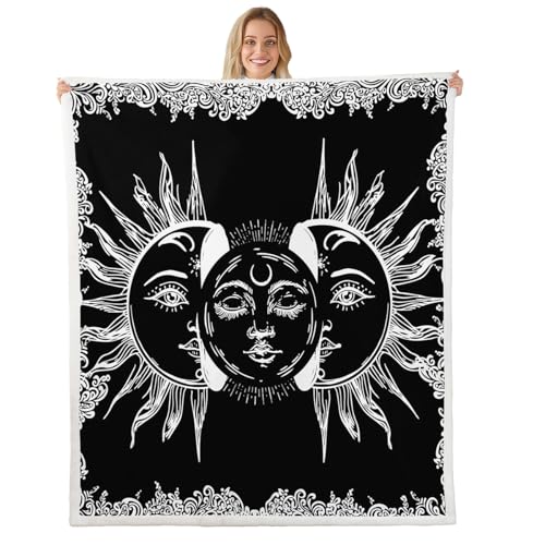Erosebridal Sun and Moon Blanket Throw,Boho Exotic Style Fleece Blanket 50"x60" for Kids Adults,Black and White Mandala Blankets and Throws,Bohemian Floral Vintage Decor for Bed Couch Bedroom Home