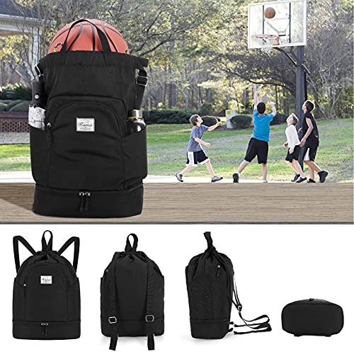 Image of KAMO Drawstring Backpack Bag - Sport Swimming Yoga Backpack with Shoe Compartment, Two Water Bottle Holder for Men Women Large String Backpack Athletic Sackpack for Travel