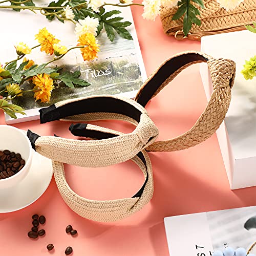 3 Pieces Straw Knotted Headbands For Women Summer Beach Rattan Top Knot Headband Bohemian Wide Headbands Twist Knot Wide Hairbands Woven Headwear For Girls Women Raffia Headwear Holiday Hair Styling #TOP5