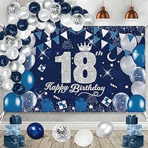 18 Geburtstag Dekoration Jungen Banner Blau, Extra Große 18. Geburtstag Banner Poster Navy Blau und Silber Deko 18…