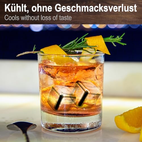 com-four® Whisky Edelstahl Steine Geschenk-Set - 8X Eiswürfel (2,7 cm) mit Edelstahl-Zange und Beutel - Wiederverwendbare Eiswürfel für Whiskey, Gin, Tonic und Cognac (08 Stück mit Geschenkbox)
