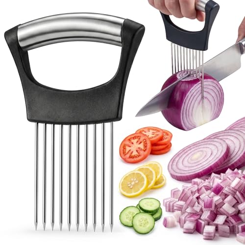 JAYVAR Onion Holder for Slicing, Stainless Steel Onion Slice Holder with 10 Long Needles, Onions Cutter Vegetable Chopper, Onions Chopper Tool, Food Slicing Guide for Neat Slicing,Tomato Potato Cutter