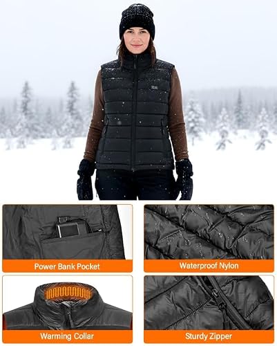 Onherm Heizweste Damen Mit Powerbank 10000mAh 5v, Elektrisch Beheizte Weste Damen Heizweste Jacke Mit 6 Heizzonen Und 3 Temperaturen,Für Skifahren, Outdoor-Arbeit, Motorradfahren
