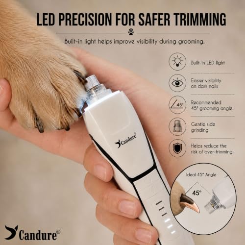 Image of Candure Whisper Quiet Dog Nail Grinder with 360 Degree LED Light, 6-Speed Rechargeable Pet Nail Trimmers with Extra Grinding Head for Safe, Stress-Free Grooming for All Pet Sizes (White)