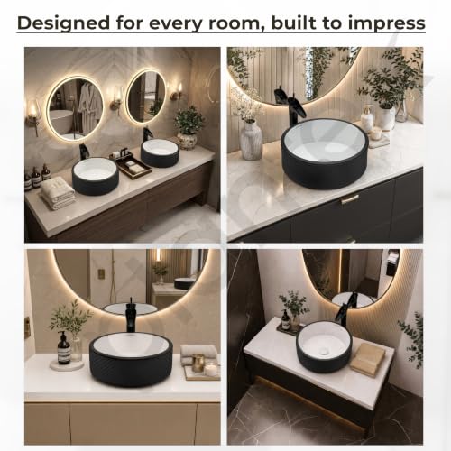 Image of Plantex Round Ceramic Table Top Wash Basin /Designer Counertop Washbasin /Vessel Sink for Bathroom /Home /Restaurant (White & Black-17 x 17 x 6 Inch)