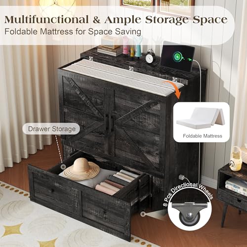 Image of LUXOAK Twin Murphy Bed with 6 inch White Tri-Fold Memory Foam Mattress, Storage Drawer & Charging Station, Space-Saving Design for Home Office or Guest Room, Black Oak