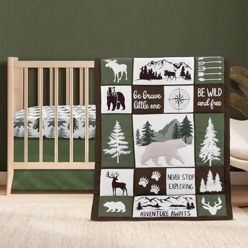 Image of Hahafelt 3 Pcs Woodland Crib Bedding Set for Boys, Green Elk Bear Baby Crib Sets for Newborn, Infant & Toddler Nursery Bed Set Decor with Fitted Sheet, Dust Ruffle, Comforter