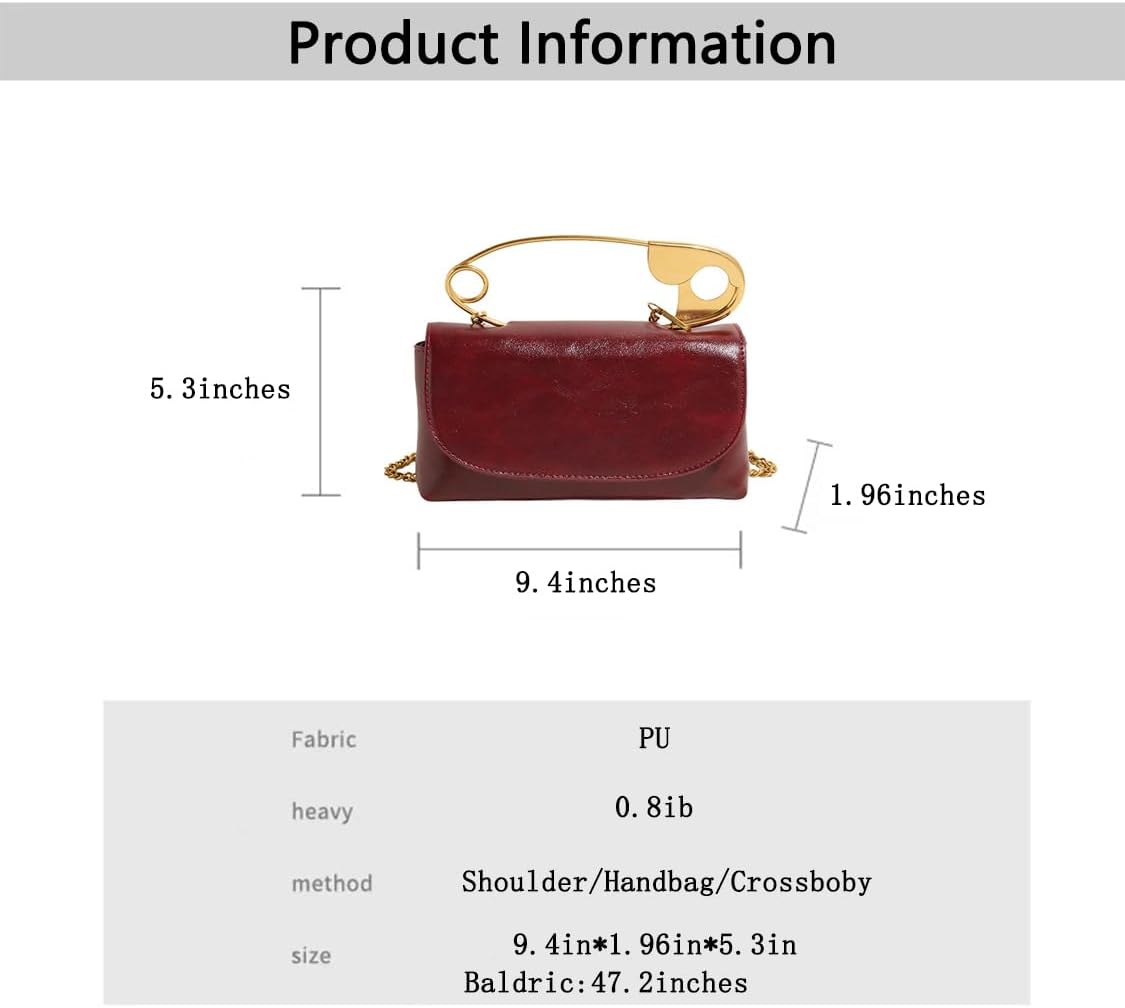 Women's Unique Safety Pin Crossbody Purse Leather Clutch Bag With Gold Handles Chain - Image 7