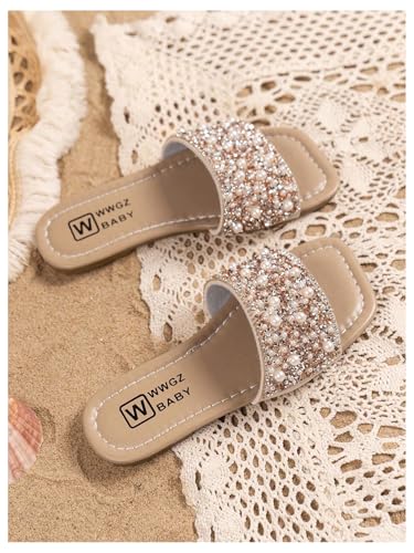 GORGLITTER Girl's Glitter Sequin Pearl Flat Sandals Kids Open Toe Dressy Slides Cute Princess Shoes3