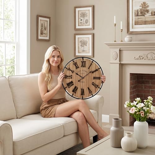 Image of EMAX HOME Inch Modern Farmhouse Wall Clock, Warm Wood-Tone Dial with Black Metal Outer Ring, Silent Non-Ticking Quartz Mechanism, Raised Roman Numerals for Bedroom, Nursery, or Living Room Wall Art