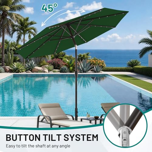 Image of AreShark 9FT Patio Umbrella with Solar Lights, 32 Lighted Pool Umbrella w /Tilt and Crank, Outdoor Market Solar Umbrellas for Garden, Deck, Backyard, Pool and Beach, Dark Green