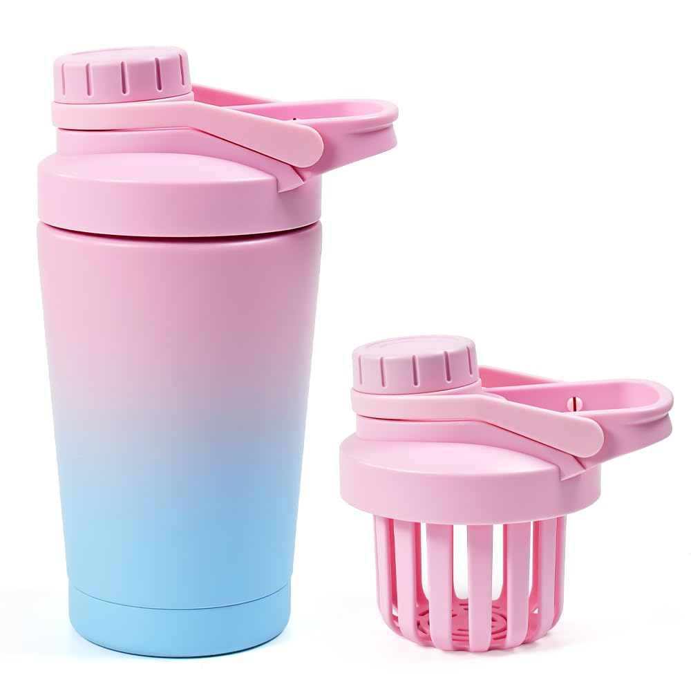 Ulluthu Protein Shaker 500ml, Eiweiß Shaker mit Sieb Edelstahl Proteinshakel Shaker Metall Eiweiß Mixbecher Edelstahl Auslaufsichere Thermoflasche für Proteinpulver, Eiweißshake, Sportgetränke, Rosa