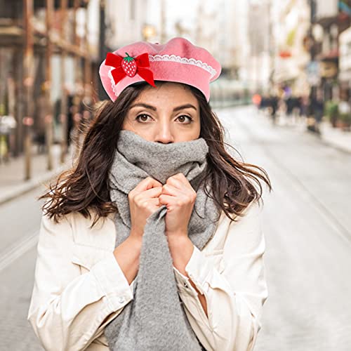 Galpada Women Beret Hat Strawberry Bow Woolen Beret Shortcake Hat Sweet Warm Hat Handmade French Beret For Halloween Christmas Girls Lady #TOP1