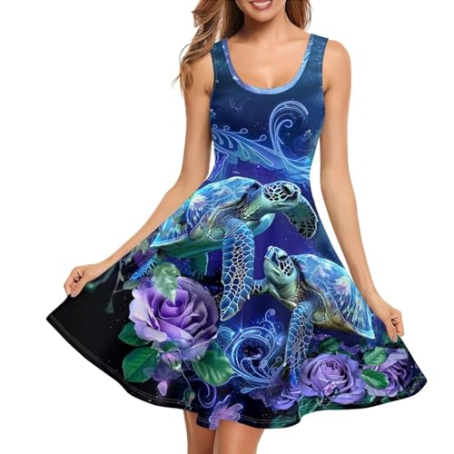 Image of TOADDITDO Women's Sleeveless O Neck Beach A-Line Party Coctail Tank Dresses Flared Sundress