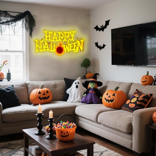 Image of Happy Halloween Neon Sign | Party Welcome Sign, Front Door /Bedroom /Home /Yard, USB Powered, 16.5x8.6 Inches