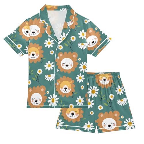 ALAZA Cute Lion Floral Daisy Blue Pajamas Satin Pajama Set Short Sleeve Button Down Sleepwear