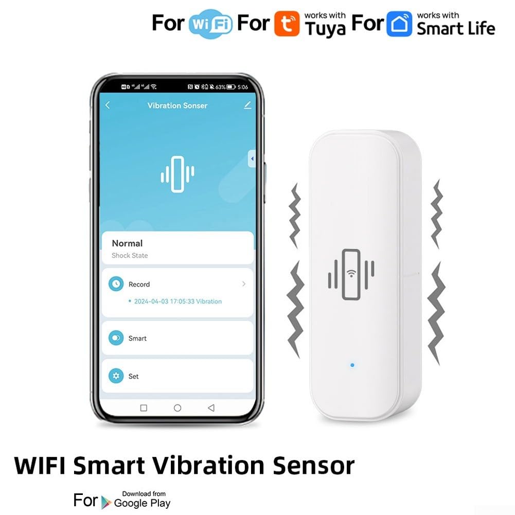 Sensore di vibrazione WiFi, mini rilevatore wireless di rottura del vetro per allarme e automazione domestica intelligente, nessun hub richiesto, compatibile con Tuya/per Smart Life APP (5 pezzi)