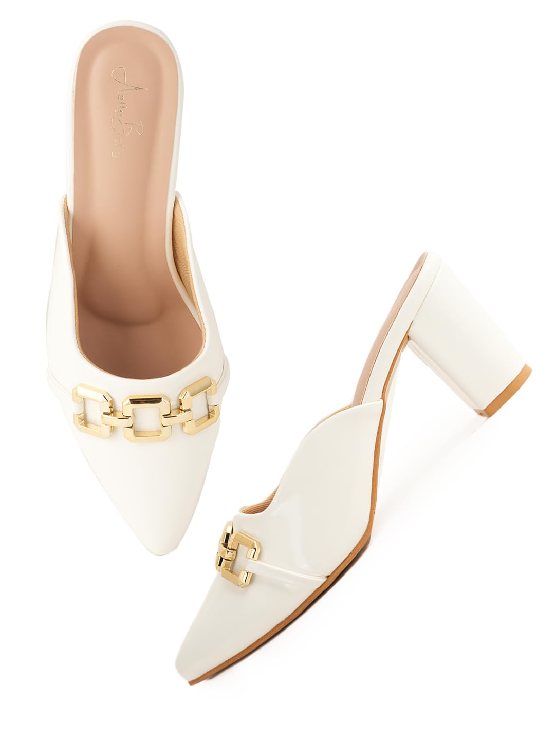 Women's Patent Leather Block Heel Mules with Gold Chain Detail, Perfect for Every Occasion Bellies Women's Fashion Pointed Pump Shoes for & Women & Girls Available in Black,Beige,Pink,White-image-36